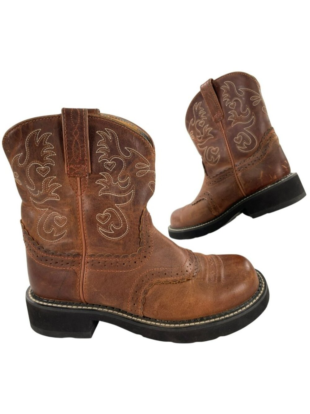 Ariat Fatbaby Brown Leather Western Boots Embroidered Hearts Women's Size 8.5/9